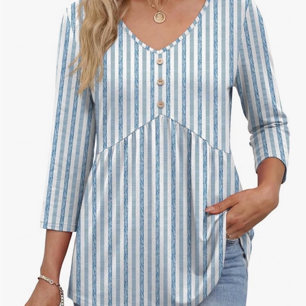 Striped V-Neck Women's Top - Blue & White
